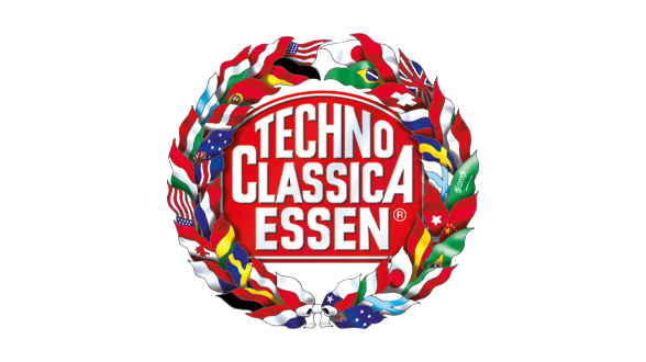 Techno Classica Essen logo surrounded by international flags.