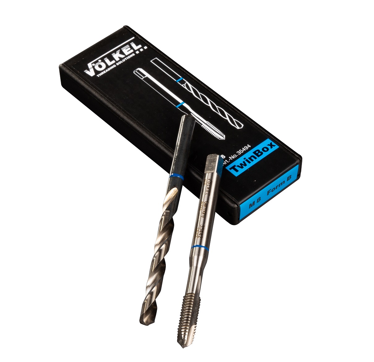 VÖLKEL TwinBox BLUE RING drill and tap set with box VÖLKEL TwinBox BLUE RING set with drill bit, tap and box for precise drilling and thread cutting