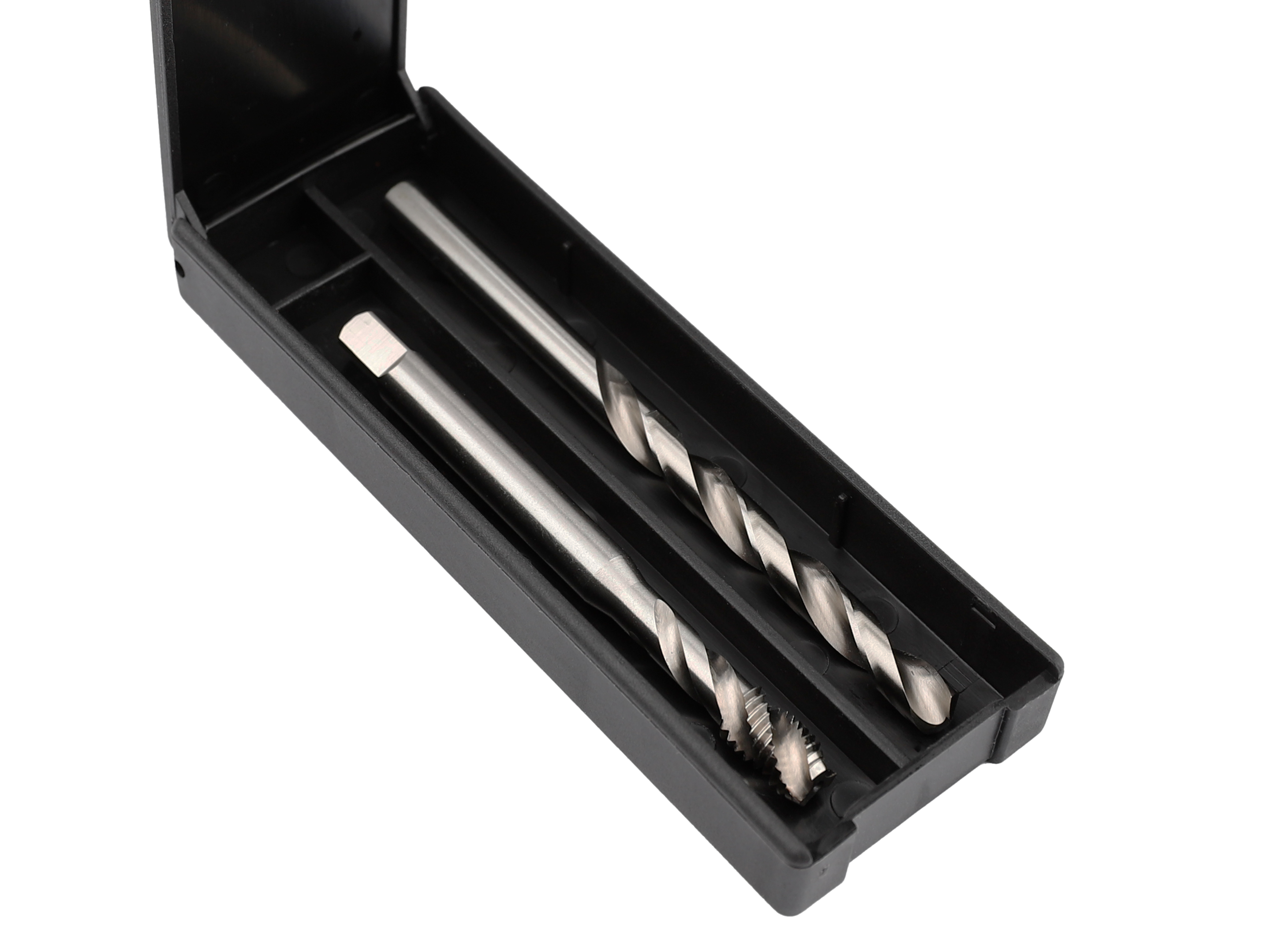 Plastic case with twist drill and thread tap Form C DIN 371 for versatile threading and drilling in metal surfaces