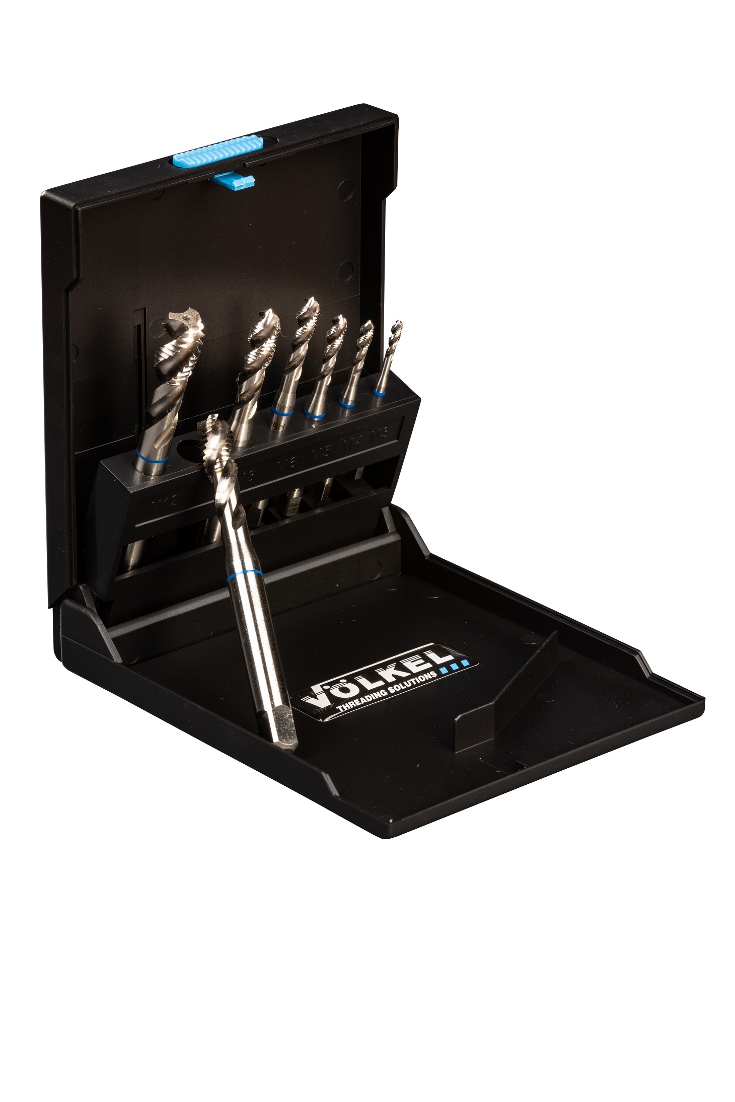 BLAURING Maschinengewindebohrer Satz, DIN 371/376, HSS-E, 3–12 in einer schwarzen Box von VÖLKEL Threading Solutions.