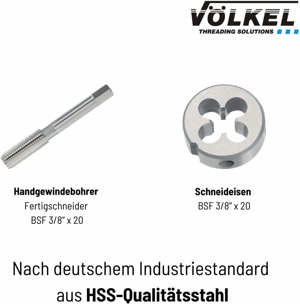 Völkel Gewindebohrer & Schneideisen BSF 3/8" x 20 Werkzeuge von Völkel GmbH: Handgewindebohrer & Schneideisen BSF 3/8" x 20 aus HSS-Stahl, nach deutschem Industriestandard.