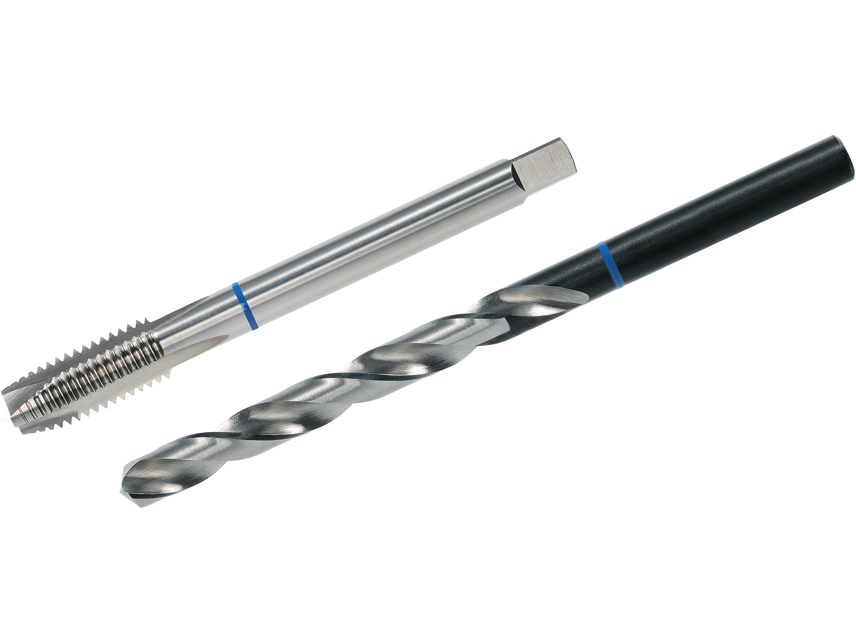 VÖLKEL TwinBox BLUE RING for hard materials, comprising a machine tap and the matching twist drill, DIN 376, Form B, cut out on a white background