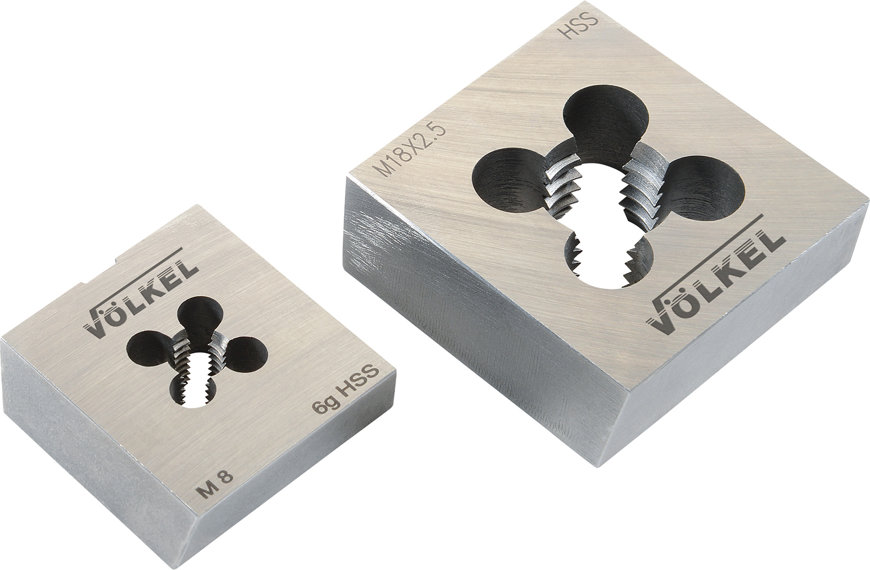 Völkel M8 y M18 Dos terrajas cuadradas Völkel de HSS en M8 y M18x2.5 para roscado interno preciso.