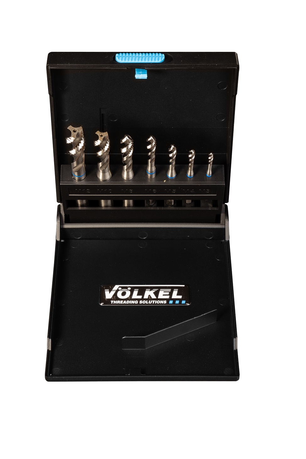 BLUE RING machine tap set, DIN 371/376, HSS-E, sizes 3–12 in a black box by VÖLKEL Threading Solutions.