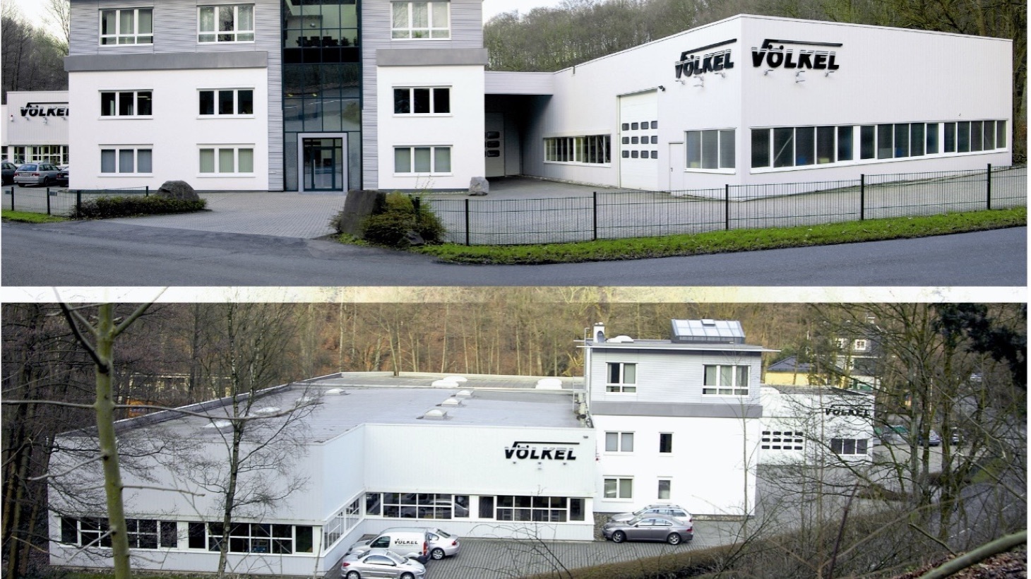 Völkel GmbH headquarters with logo and surrounding nature.