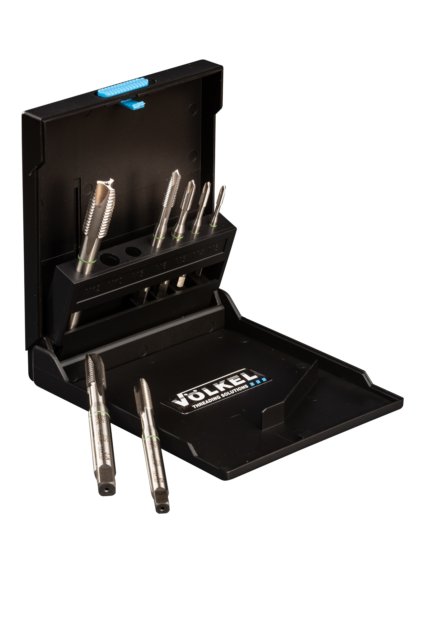 VÖLKEL 7 machine taps with color rings, neatly arranged in plastic case.
