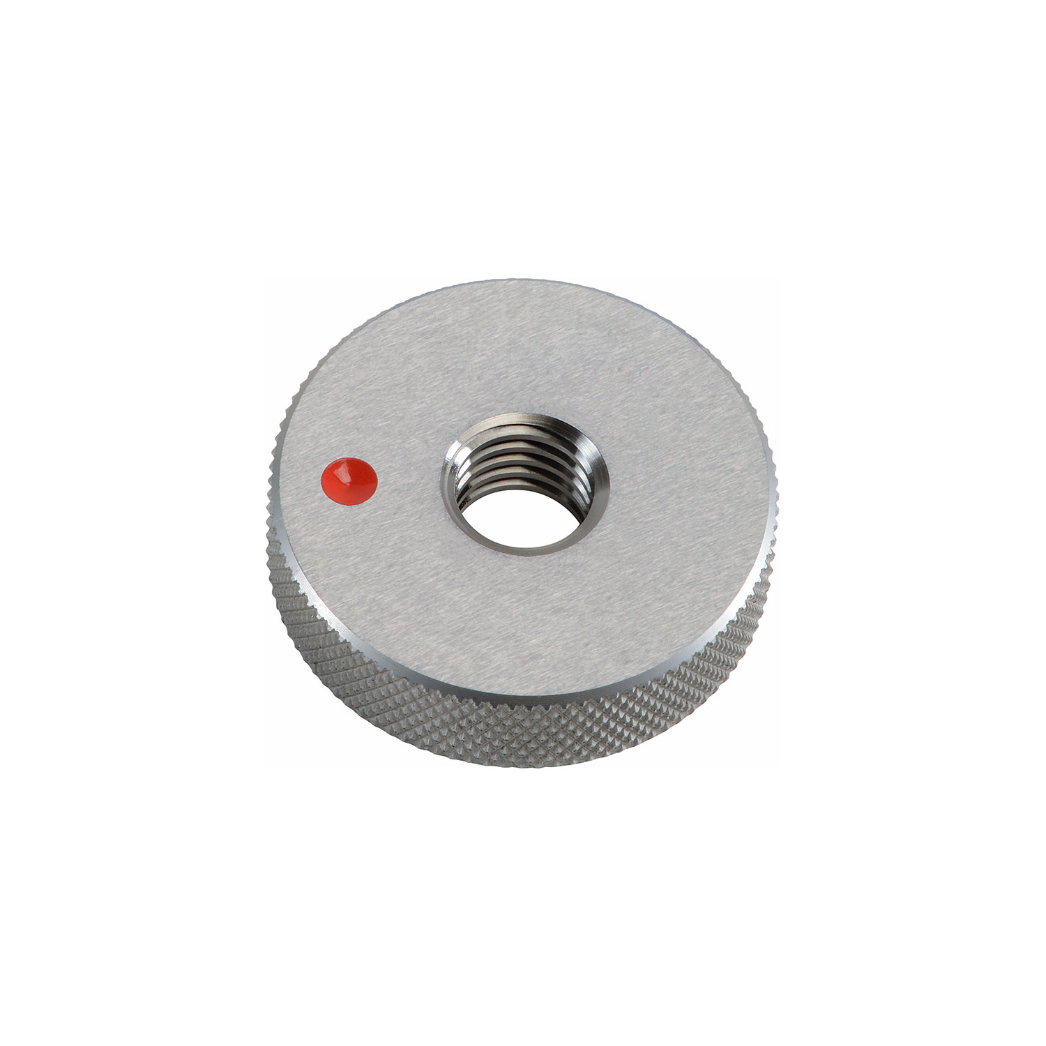 VÖLKEL no-go ring gauge VÖLKEL no-go thread ring gauge with knurled edge and red marking dot for inspection.
