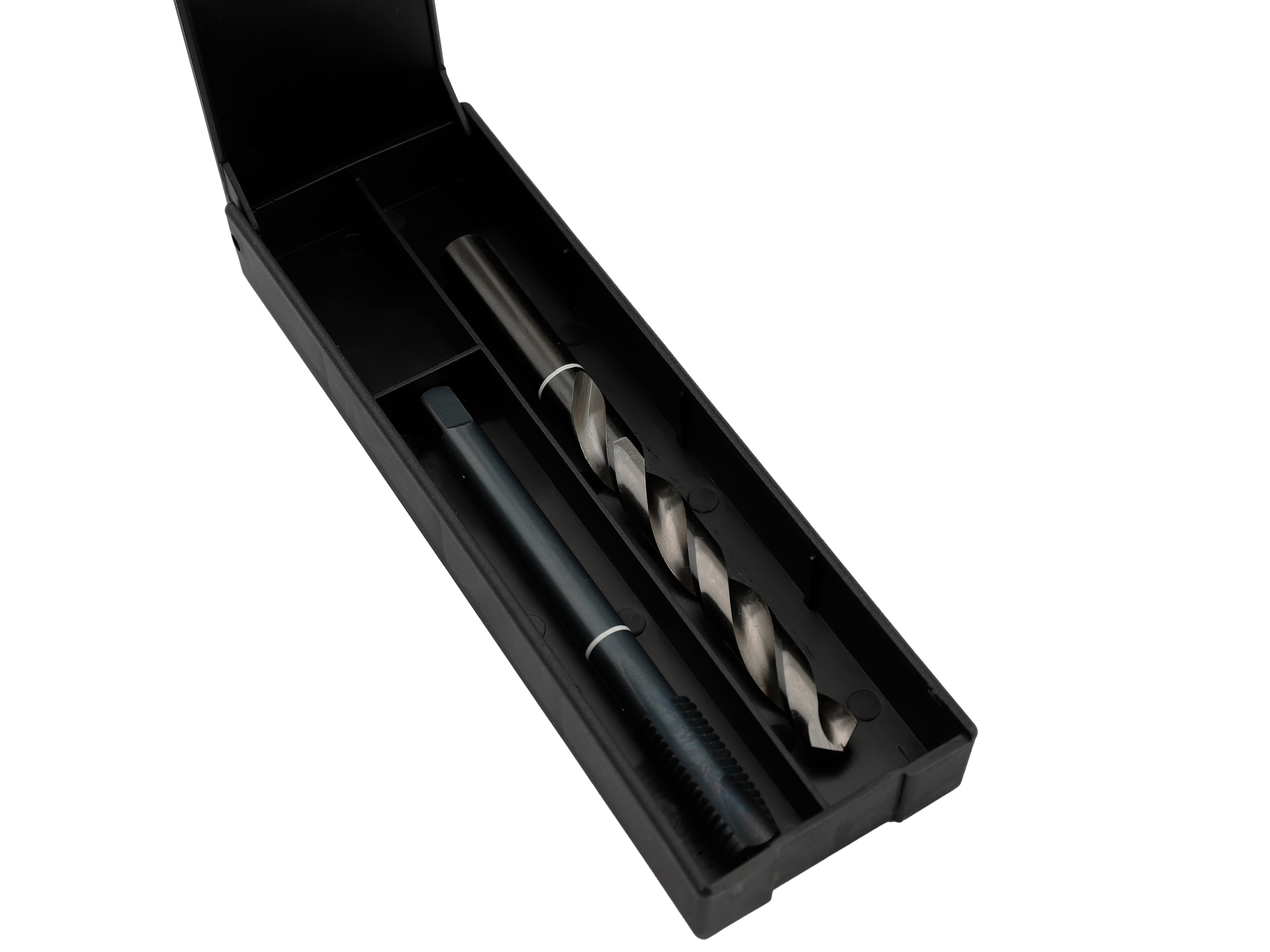 Foret métallique et taraud dans une boîte en plastique noir pour perçage et filetage précis
