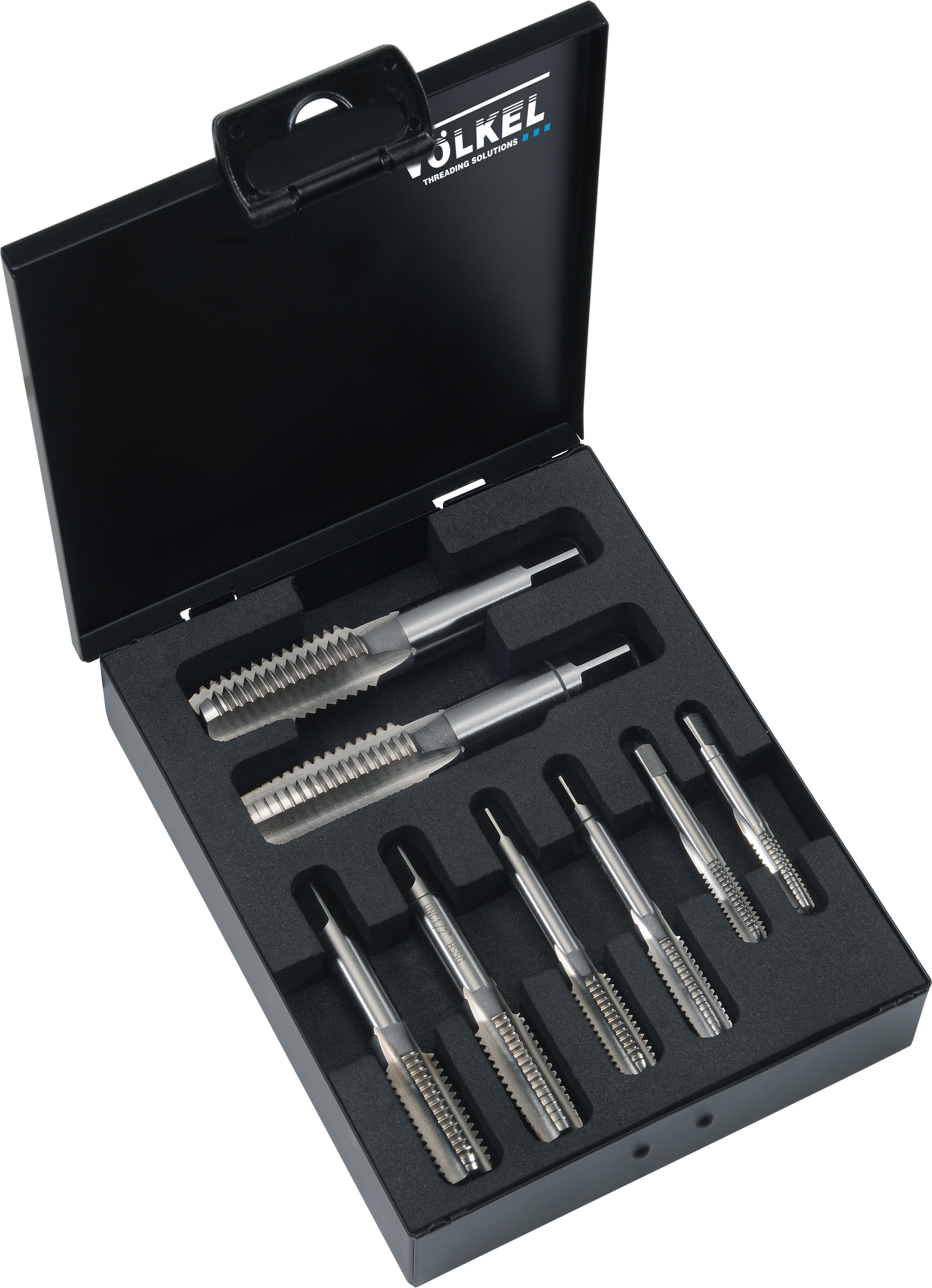 Coffret VÖLKEL de tarauds HSS en boîte métallique pour réaliser des filetages internes métriques précis