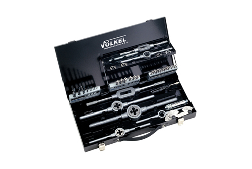 VÖLKEL 35-piece tap and die set M3–M12 in metal case 35-piece VÖLKEL threading set with hand taps, dies, and accessories in a durable drilbox metal case.
