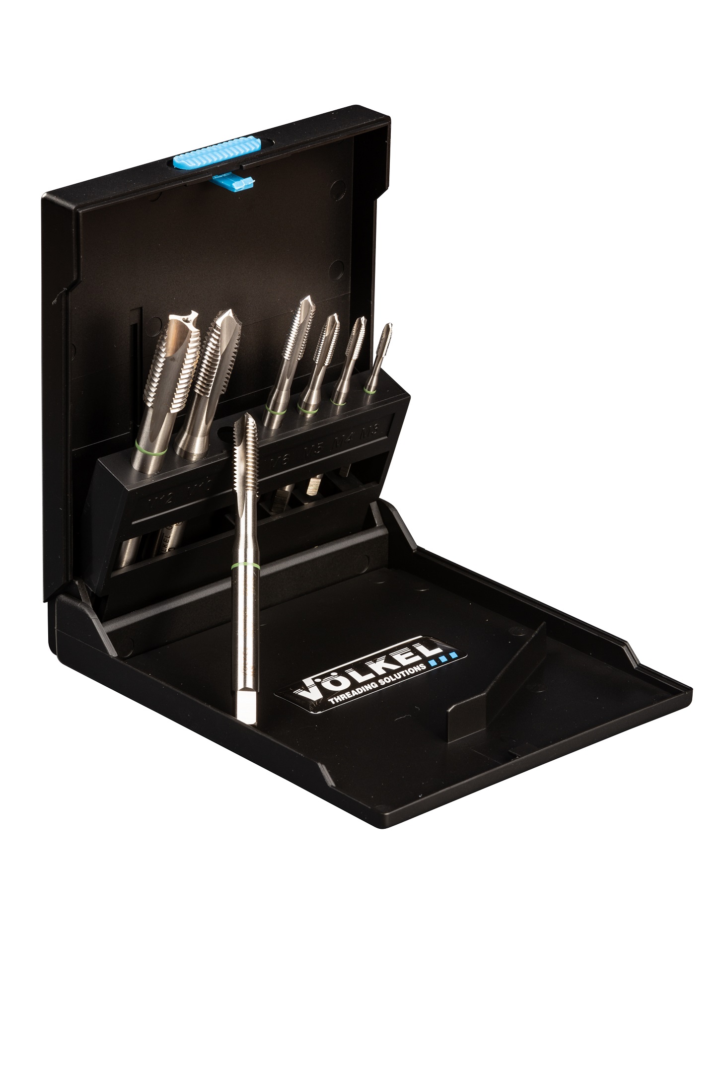 VÖLKEL tap set with seven color-coded tools in durable storage box.